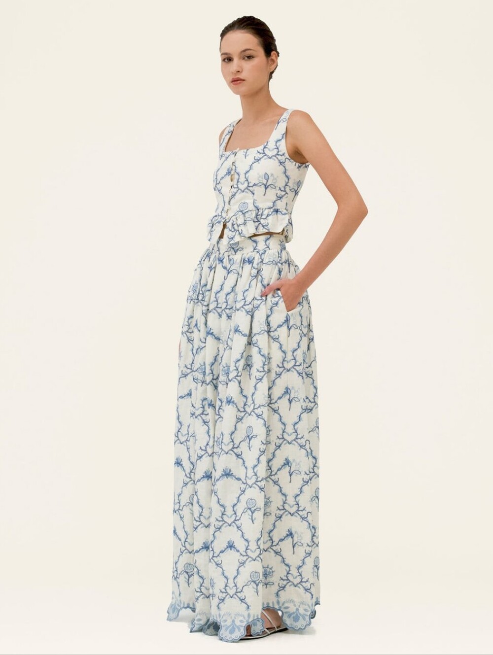 Auga By Auga Bendita Blue Embroidered Linen Tangelo Floritura Maxi Skirt NWT